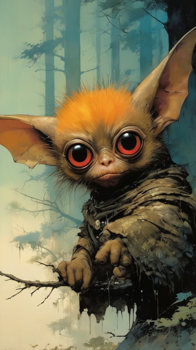 art by ralph steadman, art by brom, art by simon bisley, a masterpiece, ahighly detaikled, a star wars crearure, big boggly eyes, small dark pupil, bat like ears, short fluffy skin and fur, cling to a branch with small black scaley hands, sigma 1000 mm lens, f2.8, eyes in focus, 