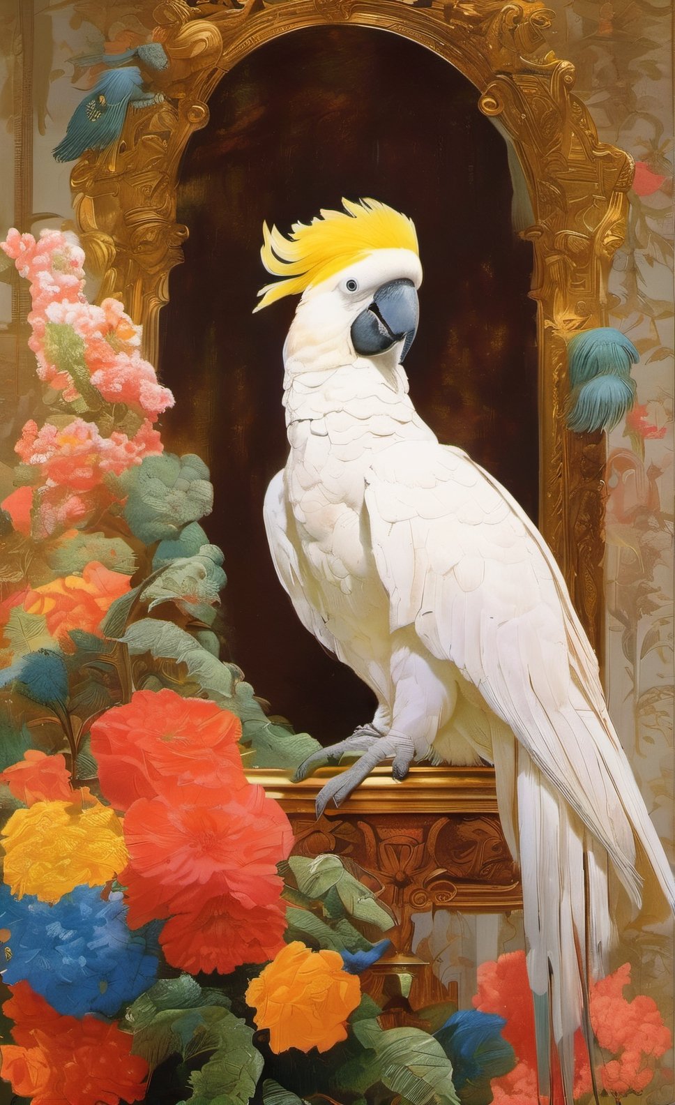 art by Masamune Shirow, art by J.C. Leyendecker, art by boris vallejo, a masterpiece, stunning beauty, hyper-realistic oil painting, vibrant colors, spanish women, 1950 art decor, 1950 art poster, black cockatoo, sulphur crested cockatoo, fashionistas, baroque style, art by armando huerta, art design by armando huertA,  tattoo by ed hardy, more detail XL,close up,Oil painting, 8k, highly detailed, Vogue style, a telephoto shot, 1000mm lens, f2,8,