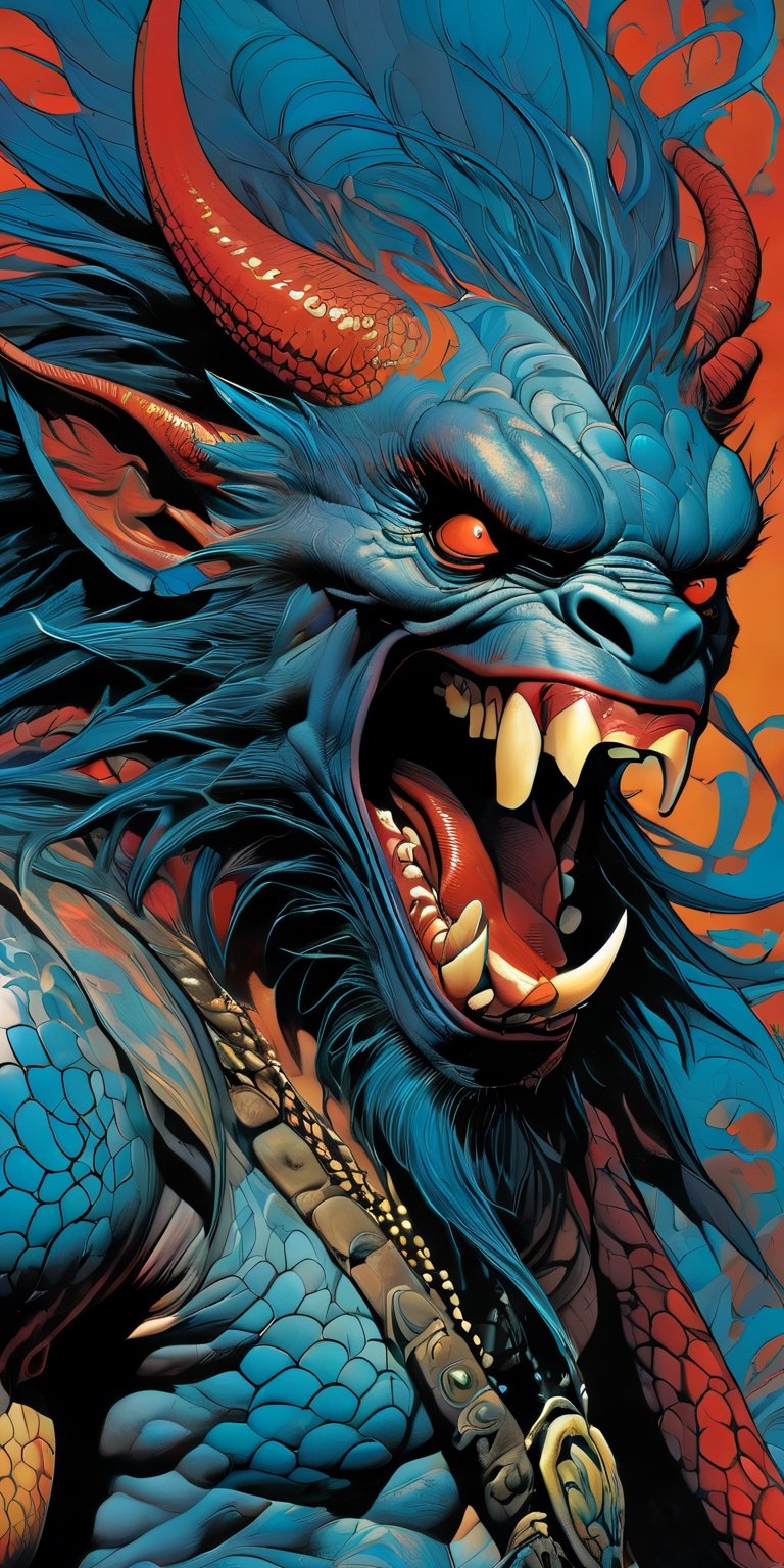 close up of the mans face, a sexy black african mans arm and shoulder, man is staring screaming at the viewer, raging, long hair, the arm and shoulder are covered in a very detailed intricate red and blue dragon tattoo that is protruding outfrom the skin, coming alive, its screaming, scratching, similar to dragon tattoo by Boris Vallejo, slowly you see the small dragon tattoo in parts is coming out of the skin and becoming a real version of the tattoo, sticking out, scales, extended claws, spit, spittle, blood drops, 16K, movie still, cinematic, ,omatsuri,DonMn1ghtm4reXL