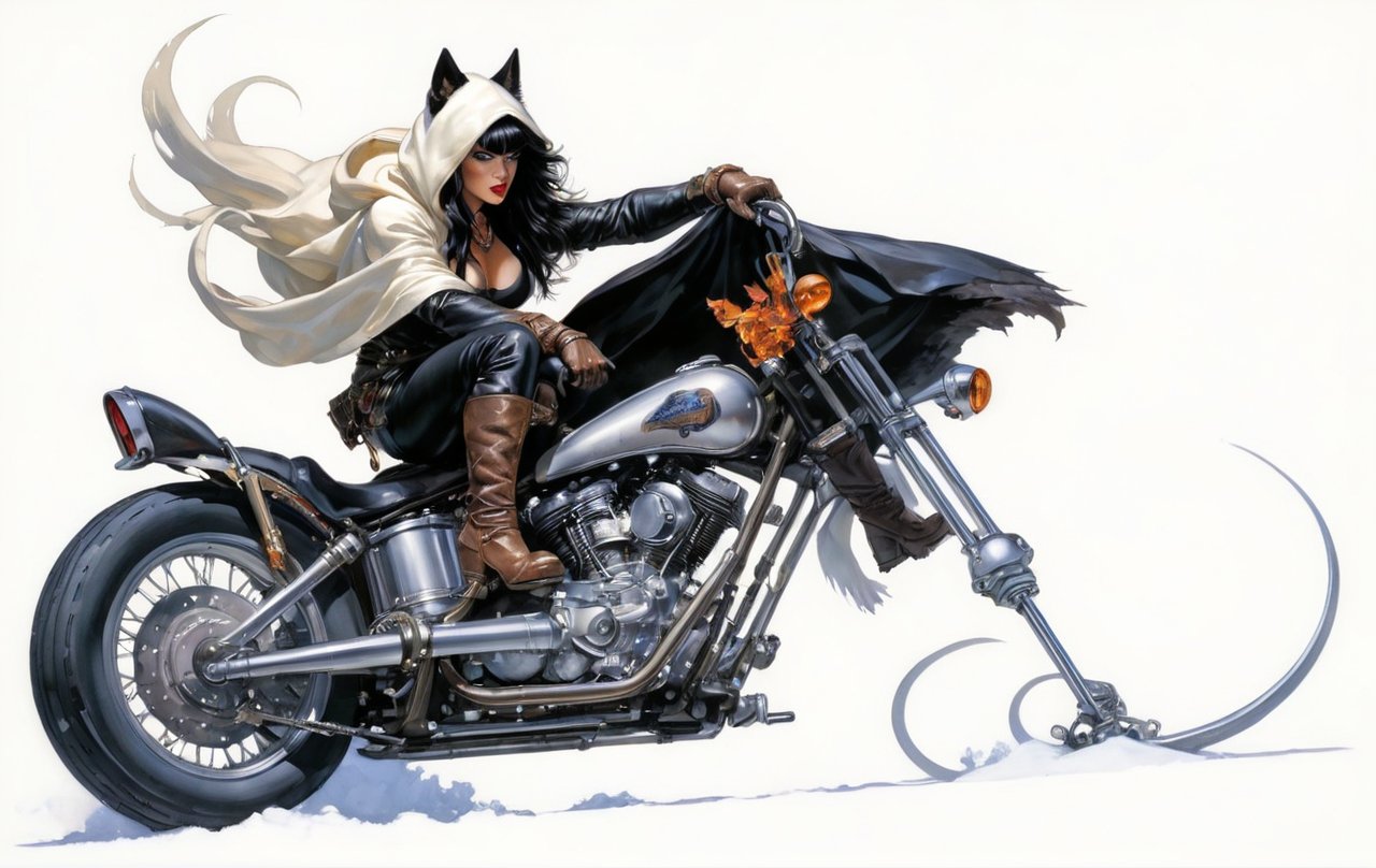 art by Masamune Shirow, art by J.C. Leyendecker, art by boris vallejo, art by brom, art by simon bisley, a masterpiece, a dude riding a hells harleydavidson, a hotted up sexy bike sled, wolf styled fuel container, ape hanger handlebars, wearing a hooded cloak, looking fucking cool, 