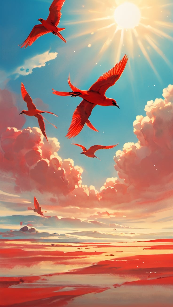 a masterpiece, a red hot sun , heating up atropical blue green beach atmosphere, birds flying in the sky, a bright red sun, 4k, ,artint,action shot,FieldSauce,painted world