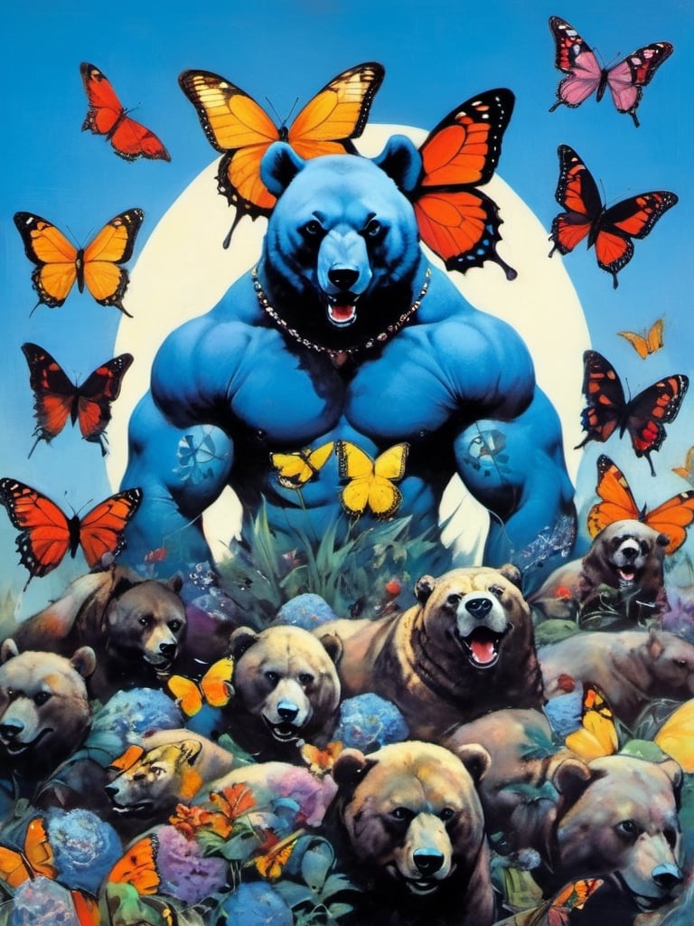 Blue bear with many baby bears, Horror Comics style, art by brom, tattoo by ed hardy, shaved hair, neck tattoos andy warhol, heavily muscled, biceps,glam gore, horror, blue bear, demonic, hell visions, demonic women, military poster style, chequer board, vogue bear portrait, Horror Comics style, art by brom, smiling, lennon sun glasses, punk hairdo, tattoo by ed hardy, shaved hair, neck tattoos by andy warhol, heavily muscled, biceps, glam gore, horror, poster style, flower garden, Easter eggs, coloured foil, oversized monarch butterflies, tropical fish, flower garden,