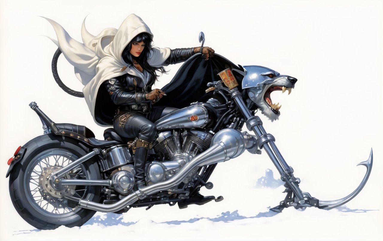 art by Masamune Shirow, art by J.C. Leyendecker, art by boris vallejo, art by brom, art by simon bisley, a masterpiece, a dude riding a hells harleydavidson, a hotted up sexy bike sled, a chrome wolf head styled fuel container, ape hanger handlebars, wearing a hooded cloak, looking fucking cool, 