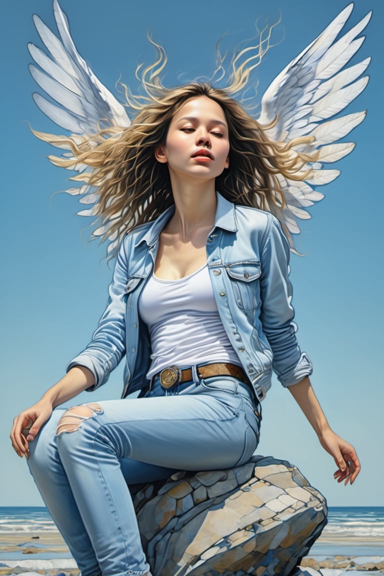 an oil painting, a masterpiece, an angel, sitting on a rock, she is wearing jeans and a bra top, wings stretching out high above her, birds flying high above her, plain blue sky,  painterly feel, pale blue sky, rocky ground, hi res, 8 k, art by  TavitaNiko, art by Vallejo, art by Klimt , Leonardo Style, more detail XL, ,close up,action shot