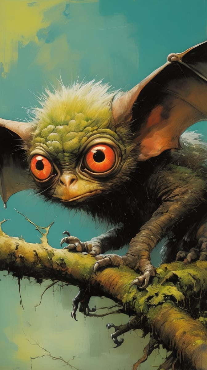 art by ralph steadman, art by brom, art by simon bisley, a masterpiece, ahighly detaikled, a star wars crearure, big boggly eyes, small dark pupil, bat like ears, short fluffy skin and fur, cling to a branch with small black scaley hands, sigma 1000 mm lens, f2.8, eyes in focus, 