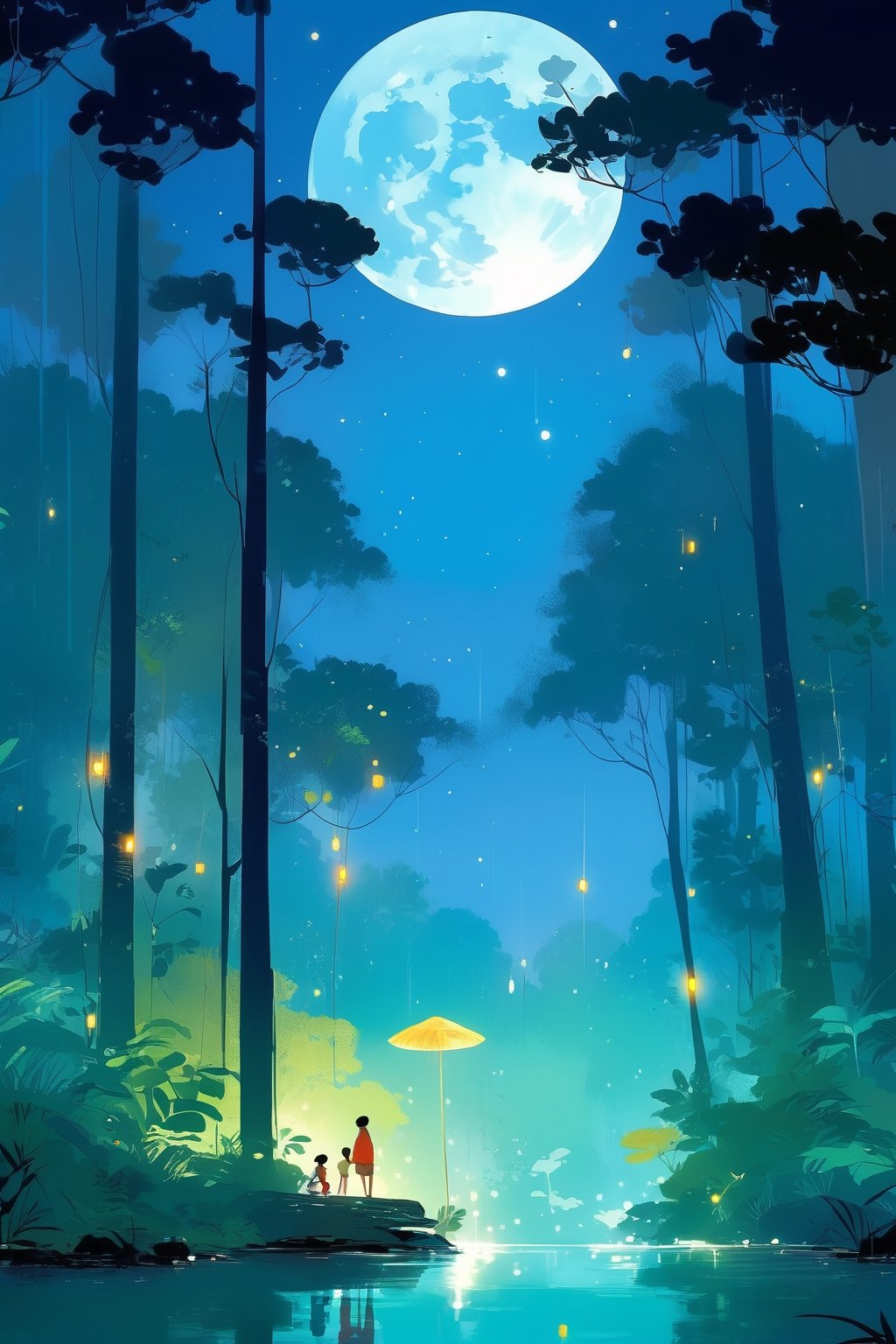 a night scene,  a very bright full moon, in the Amazon jungle, towering trees, centered, art by Pascal Campion.