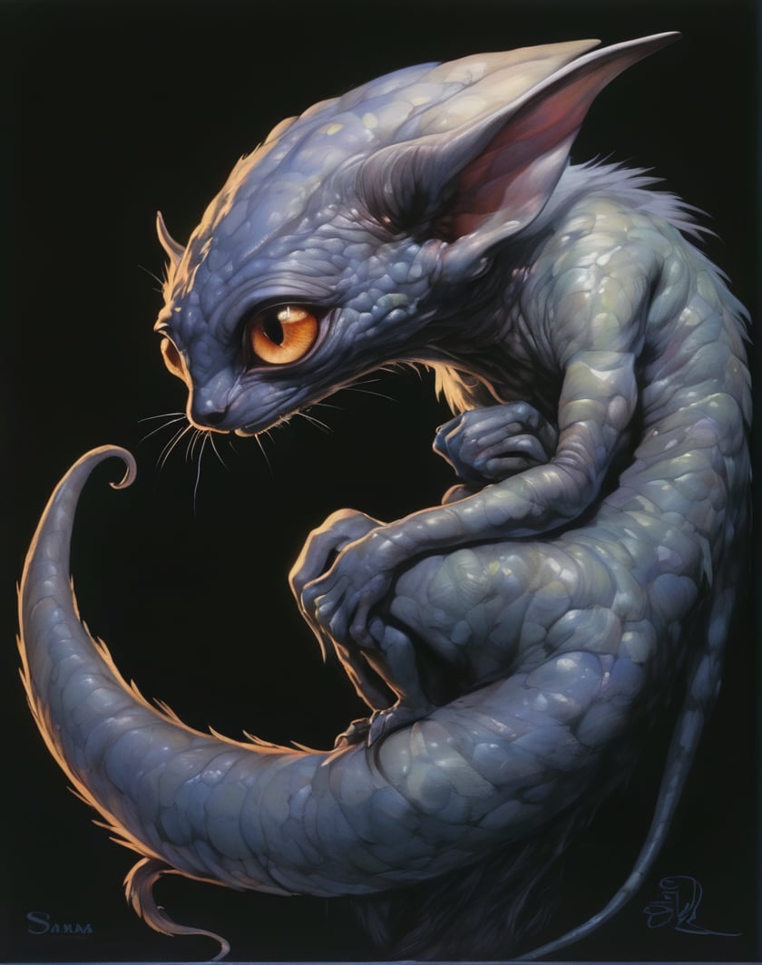 art by Masamune Shirow, art by J.C. Leyendecker, art by boris vallejo, art by simon bisley, a masterpiece, stunning beauty, hyper-realistic oil painting, a creature from the dark crystal movie, a jim henson puppet come alive, , big boggly eyes, small dark pupil, pointy ears, short fluffy skin in tufts, sinewy veiny skin,  just waking up, annoyed, small creepy hands, sigma 1000 mm lens, f2.8, eyes in focus,