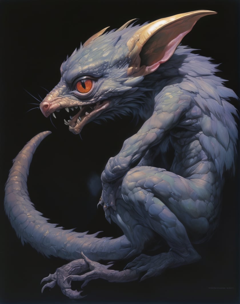 art by Masamune Shirow, art by J.C. Leyendecker, art by boris vallejo, art by simon bisley, a masterpiece, stunning beauty, hyper-realistic oil painting, a creature from the dark crystal movie, a jim henson puppet come alive, , big boggly eyes, small dark pupil, pointy ears, short fluffy skin in tufts, sinewy veiny skin,  just waking up, annoyed, small creepy hands, sigma 1000 mm lens, f2.8, eyes in focus,