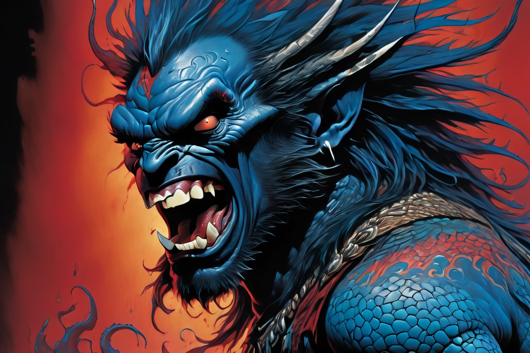 close up of the mans face, a sexy black african mans arm and shoulder, man is staring screaming at the viewer, raging, long hair, the arm and shoulder are covered in a very detailed intricate red and blue dragon tattoo that is protruding outfrom the skin, coming alive, its screaming, scratching, similar to dragon tattoo by Boris Vallejo, slowly you see the small dragon tattoo in parts is coming out of the skin and becoming a real version of the tattoo, sticking out, scales, extended claws, spit, spittle, blood drops, 16K, movie still, cinematic, ,omatsuri,DonMn1ghtm4reXL,DonMWr41thXL ,potma style