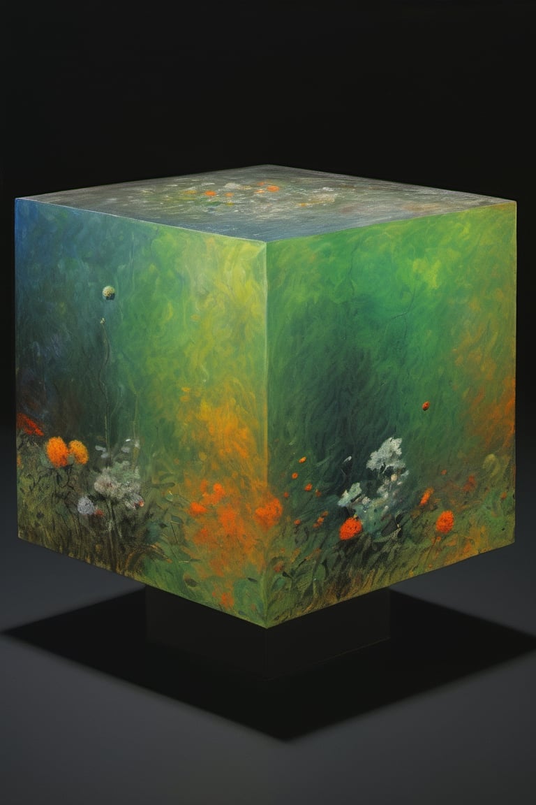 art by Claude Monet , a cube shaped head, stunning beauty, hyper-realistic oil painting, vibrant colors, dark chiarascuro lighting, a telephoto shot, 1000mm lens, f2,8,Vogue,more detail XL