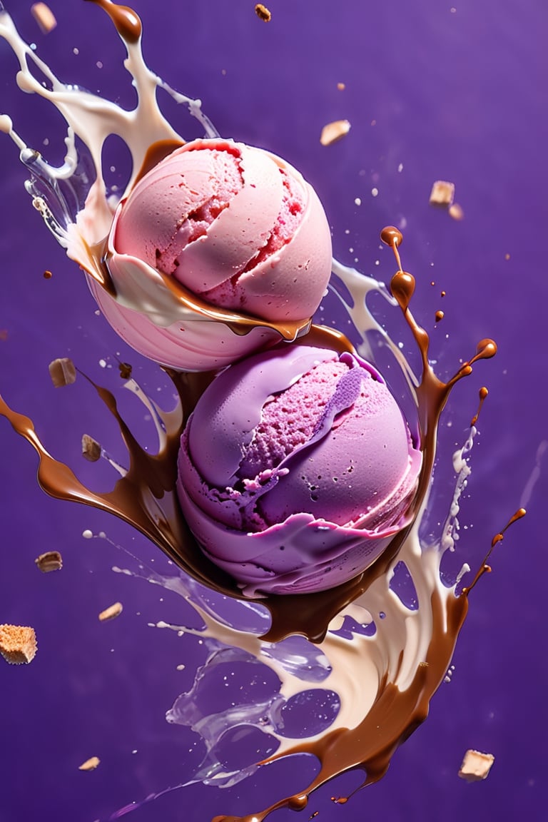 an extreme close up, macro photograph of strawberry ice cream with milk cream, in a stylish modern glass, ice cubes, blueberries, chocolate sauces, nuts, mint leaves, splashing milk cream, in a gradient purple background, fluid motion, dynamic movement, cinematic lighting, Mysterious, golden ratio, fake detail, trending pixiv fanbox, acrylic palette knife, style of makoto shinkai studio ghibli genshin impact james gilleard greg rutkowski chiho aoshima,digital artwork by Beksinski,action shot