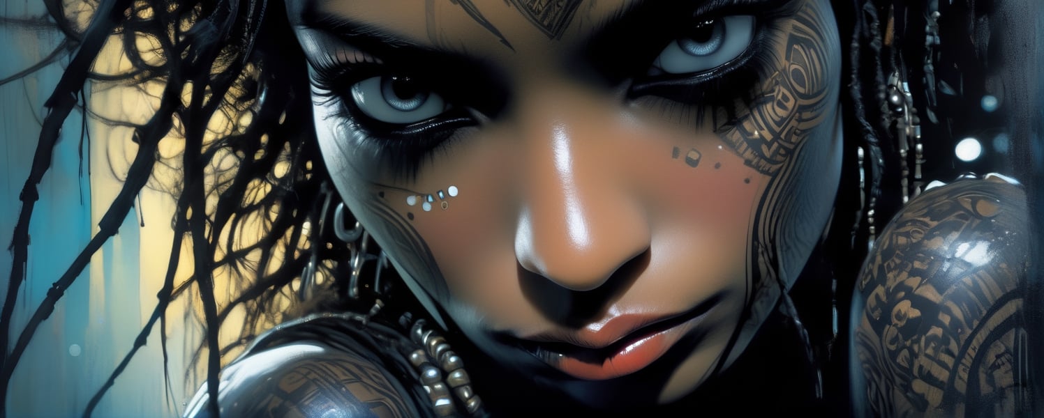 A dark black Nubian woman, extreme close up of her lips, ed hardy tatoos bold flat colour, luminous led tattoos on her hands and face, A charming character, bold, edgy, ethereal, immaculate composition, brian viveros, jean-baptiste, monge, dynamic pose, dynamic light and shadow, 8k resolution, digital art, art by sergio toppi, art design by sergio toppi,  more detail XL, close up, Oil painting, 8k, highly detailed,close up of both lips, 1000 mm lens, tamron, f2.8,  1 inch depth of field, focus on the lips, 