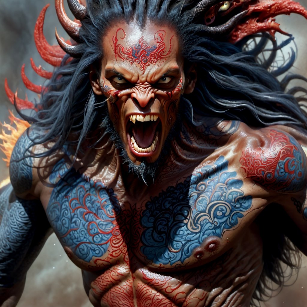 very close up of the mans face, a sexy black african mans arm and shoulder, man is staring screaming at the viewer, raging, long hair, the arm and shoulder are covered in a very detailed intricate red and blue dragon tattoo that is protruding outfrom the skin, coming alive, its screaming, scratching, similar to dragon tattoo by Boris Vallejo, slowly you see the small dragon tattoo in parts is coming out of the skin and becoming a real version of the tattoo, sticking out, scales, extended claws, spit, spittle, blood drops, 16K, movie still, cinematic, ,omatsuri,DonMn1ghtm4reXL,flmngprsn