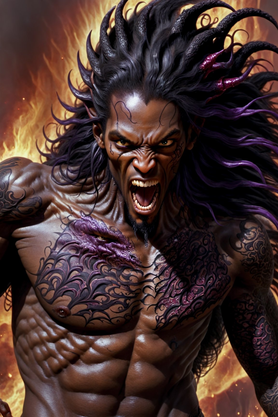 close up of the mans face, a sexy black african mans arm and shoulder, man is staring screaming at the viewer, raging, long hair, the arm and shoulder are covered in a very detailed intricate dark purple and crimson and black dragon tattoo that is protruding outfrom the skin, coming alive, its screaming, scratching, similar to dragon tattoo by Boris Vallejo, slowly you see the small dragon tattoo in parts is coming out of the skin and becoming a real version of the tattoo, sticking out, scales, extended claws, spit, spittle, blood drops, 16K,