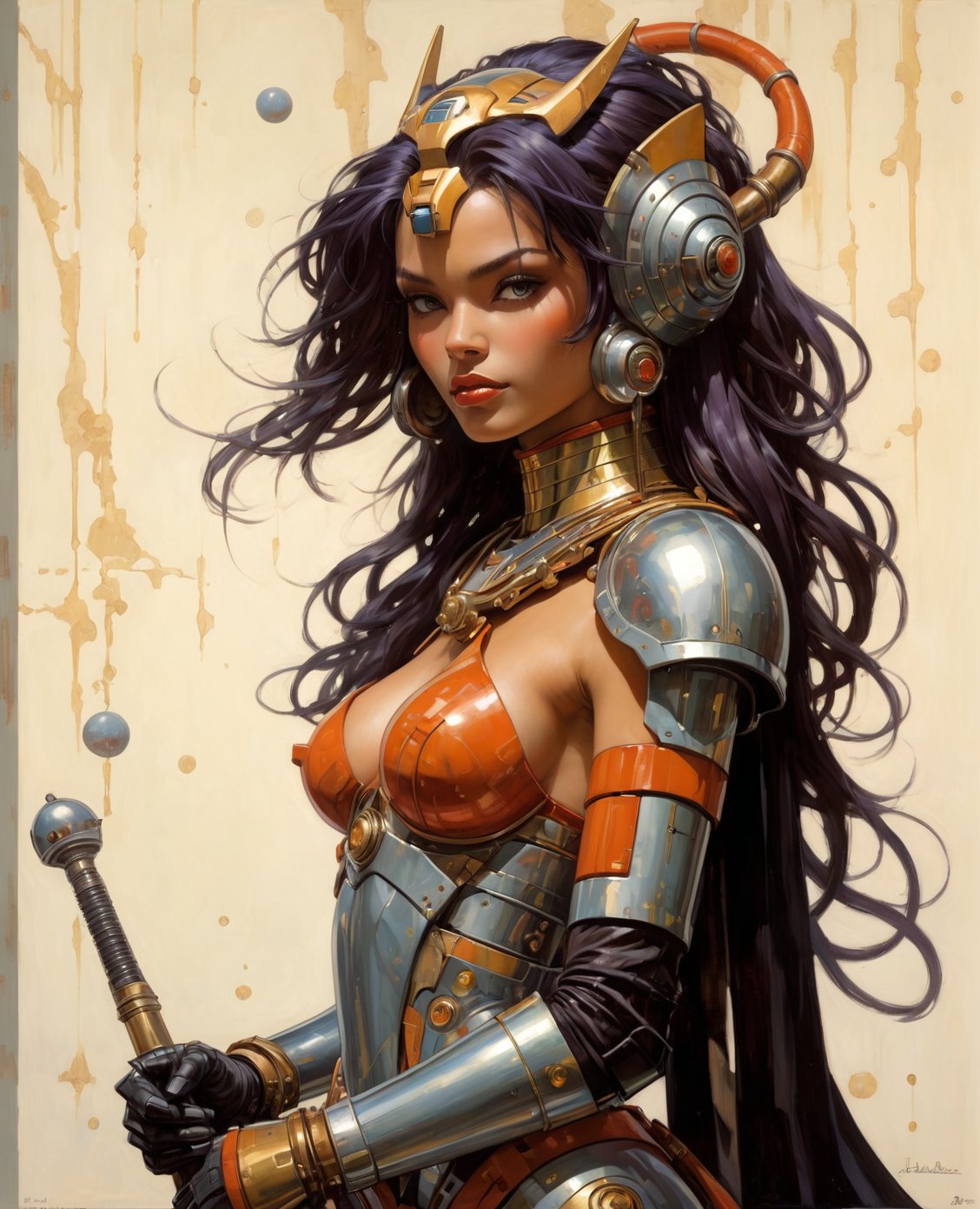 art by Masamune Shirow, art by J.C. Leyendecker, art by boris vallejo, art by gustav klimt, art by simon bisley, a masterpiece, stunning beauty, hyper-realistic oil painting, a galactic scene, Ahsoka Tano, combined with Robby the Robot, 