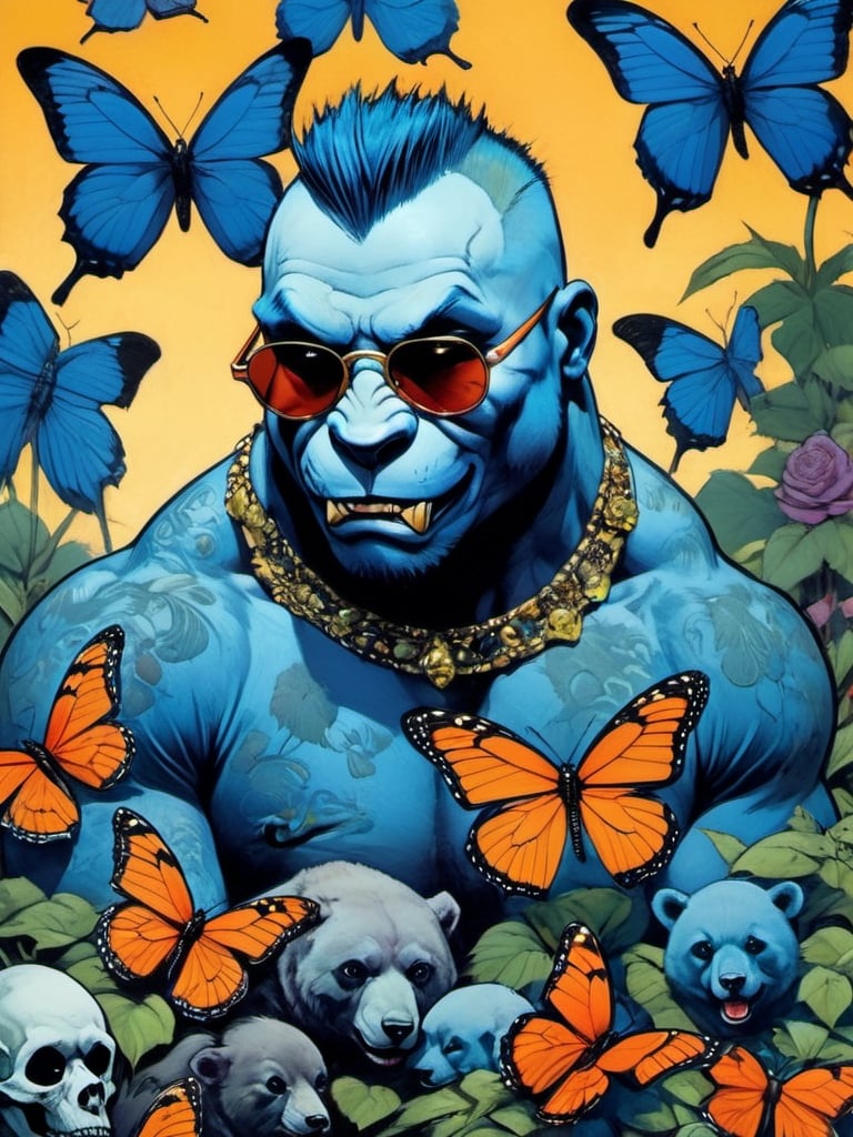 Blue bear with many baby bears, Horror Comics style, art by brom, tattoo by ed hardy, shaved hair, neck tattoos andy warhol, heavily muscled, biceps,glam gore, horror, blue bear, demonic, hell visions, demonic women, military poster style, chequer board, vogue bear portrait, Horror Comics style, art by brom, smiling, lennon sun glasses, punk hairdo, tattoo by ed hardy, shaved hair, neck tattoos by andy warhol, heavily muscled, biceps, glam gore, horror, poster style, flower garden, Easter eggs, coloured foil, oversized monarch butterflies, tropical fish, flower garden,retropunk style,vintagepaper,comic book