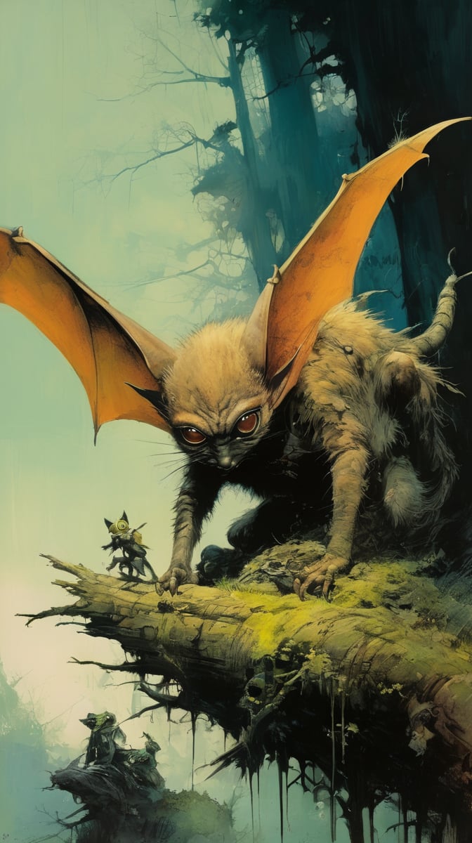 art by ralph steadman, art by brom, art by simon bisley, a masterpiece, ahighly detaikled, a star wars crearure, big boggly eyes, small dark pupil, bat like ears, short fluffy skin and fur, cling to a branch with small black scaley hands, sigma 1000 mm lens, f2.8, eyes in focus, 