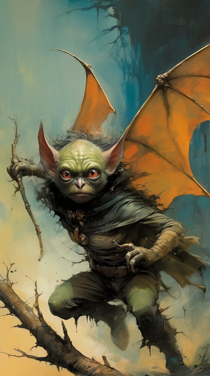 art by ralph steadman, art by brom, art by simon bisley, a masterpiece, ahighly detaikled, a star wars crearure, big boggly eyes, small dark pupil, bat like ears, short fluffy skin and fur, cling to a branch with small black scaley hands, sigma 1000 mm lens, f2.8, eyes in focus, 