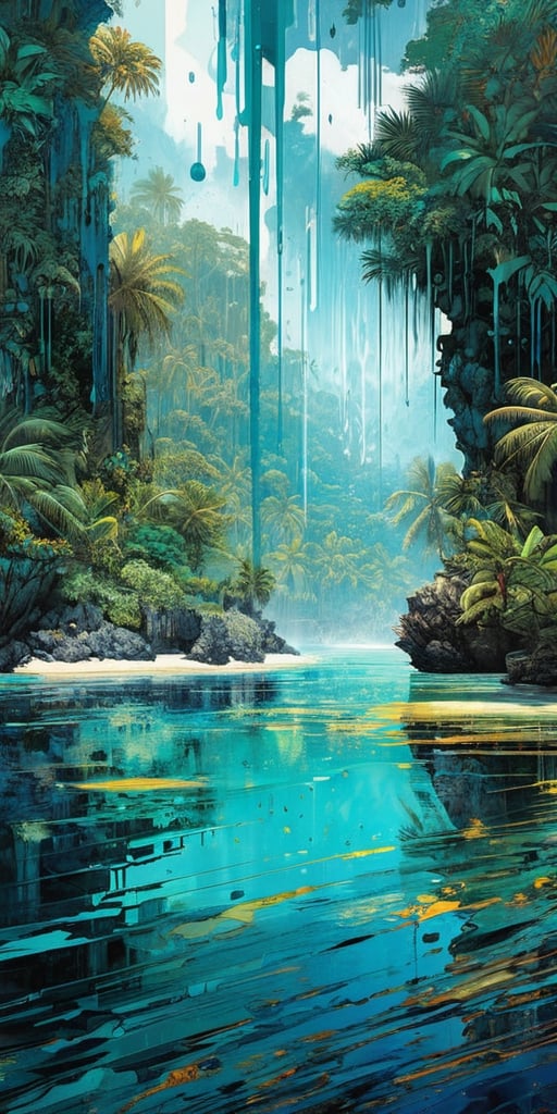  ((tropical indonesia seen from the sea)),reef, lagoon, plam trees, black ink flow, 64k resolution photorealistic masterpiece by aaron horkey and jeremy mann, intricately detailed by jean baptiste mongue, acrylic: watercolor art, professional photography, dynamic lighting, volumetric lighting maximalist photoillustration:by marton bobzert,8k resolution concept art intricately detailed, complex, elegant, majestic, ecstacy, fantastical, aspect ratio:16:9, ,xyzsanart01,portrait_futurism,dripping paint