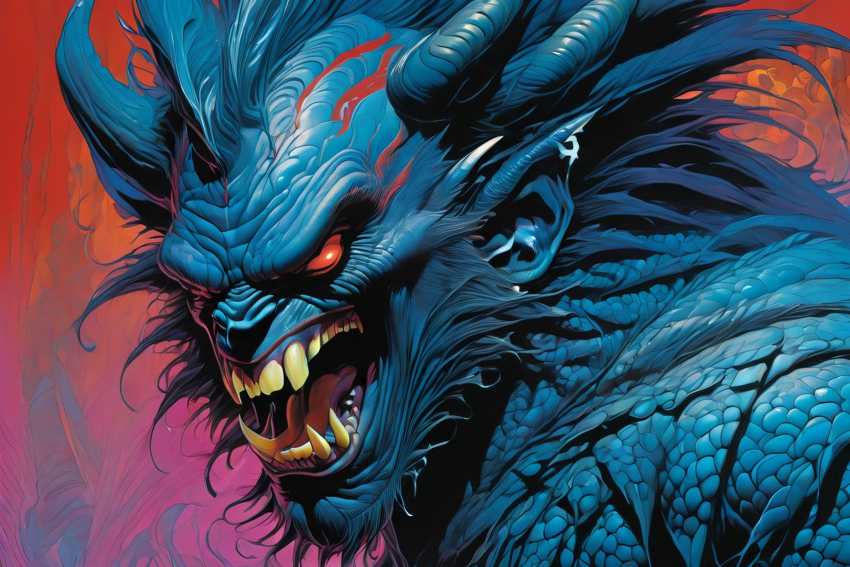 close up of the mans face, a sexy black african mans arm and shoulder, man is staring screaming at the viewer, raging, long hair, the arm and shoulder are covered in a very detailed intricate red and blue dragon tattoo that is protruding outfrom the skin, coming alive, its screaming, scratching, similar to dragon tattoo by Boris Vallejo, slowly you see the small dragon tattoo in parts is coming out of the skin and becoming a real version of the tattoo, sticking out, scales, extended claws, spit, spittle, blood drops, 16K, movie still, cinematic, ,omatsuri,DonMn1ghtm4reXL,DonMWr41thXL ,Acidmelt