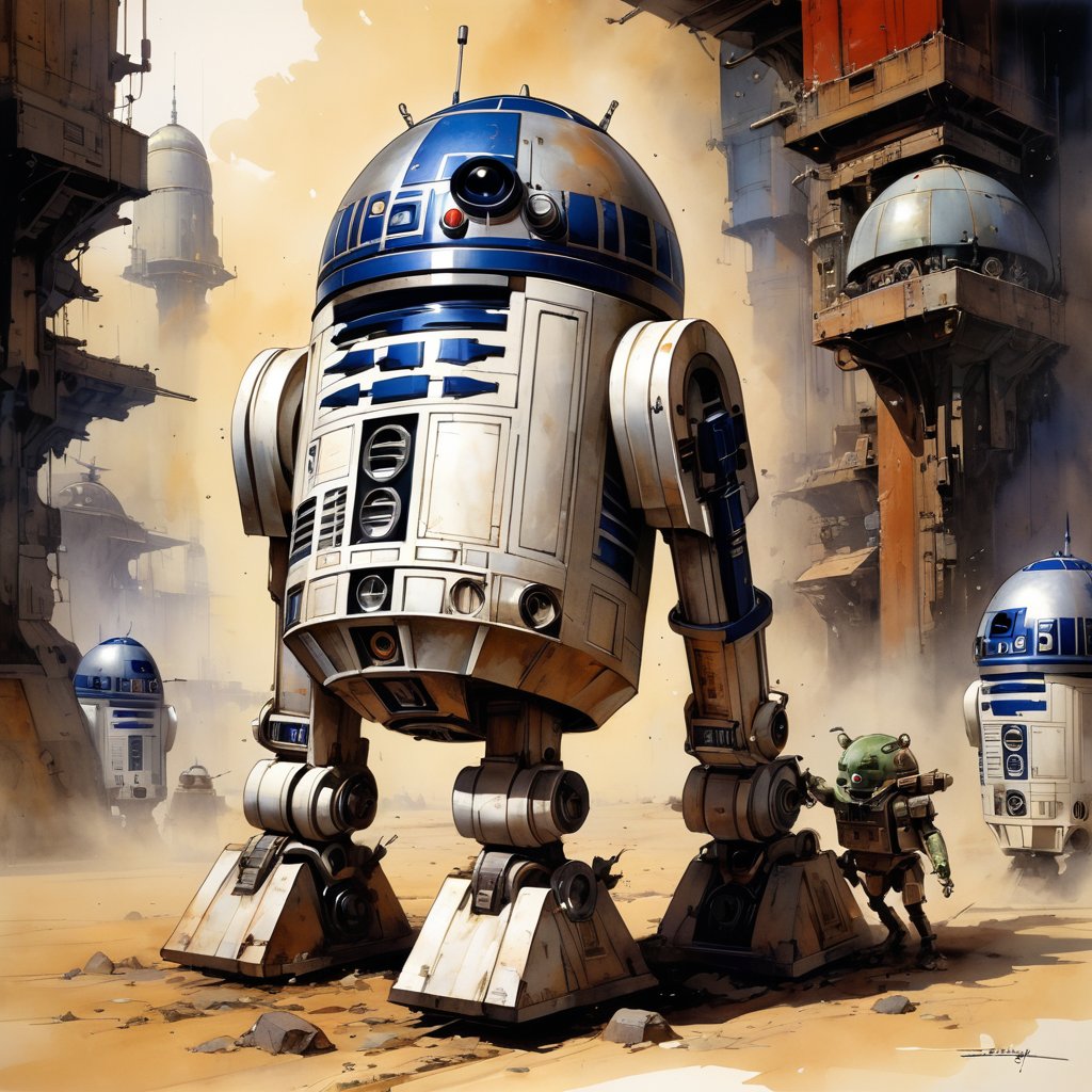 art by simon bisley, art by ralph steadman, a masterpiece, stunning detail, (((R2D2 the droid))), supreme leader of the empire,  a proud figure, superior in power, knowledge and might, 