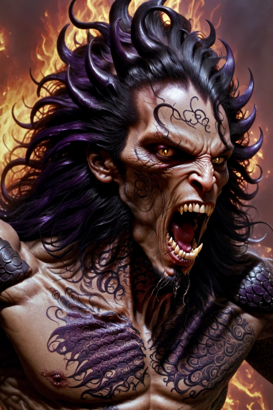 close up of the mans face, a sexy black african mans arm and shoulder, man is staring screaming at the viewer, raging, long hair, the arm and shoulder are covered in a very detailed intricate dark purple and crimson and black dragon tattoo that is protruding outfrom the skin, coming alive, its screaming, scratching, similar to dragon tattoo by Boris Vallejo, slowly you see the small dragon tattoo in parts is coming out of the skin and becoming a real version of the tattoo, sticking out, scales, extended claws, spit, spittle, blood drops, 16K,