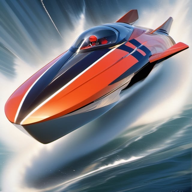 a futuristic concept speedboat , racing other speedboats, racing colours, racing numbers, rocket thrusters, outriggers, glass roofs, aerodynamic, struggling to win the race, art by glen keane, art by john Berkey, art by chris foss,  art by frank frazetta, acrylic block art, 