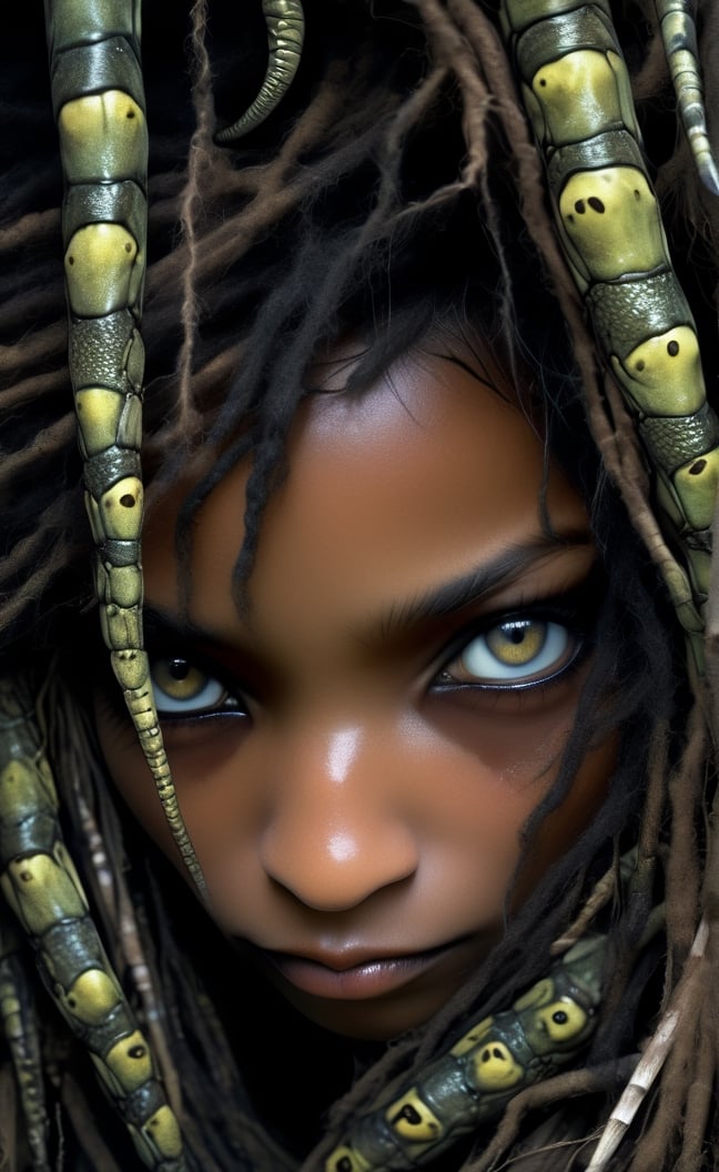 A dark black Nubian woman, extreme close up on eyes, the eyes are a reptilian mix, ed hardy tatoos bold flat colour, luminous led tattoos on her hands and face, wide open detailed eyes, eye highlight, A charming character, bold, edgy, ethereal, immaculate composition, brian viveros, jean-baptiste, monge, dynamic pose, dynamic light and shadow, 8k resolution, digital art, art by sergio toppi, art design by sergio toppi,  more detail XL, close up, Oil painting, 8k, highly detailed,close up of one reptilian eye, 