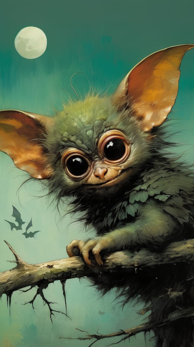 art by ralph steadman, art by brom, art by simon bisley, a masterpiece, ahighly detaikled, a star wars crearure, big boggly eyes, small dark pupil, bat like ears, short fluffy skin and fur, cling to a branch with small black scaley hands, sigma 1000 mm lens, f2.8, eyes in focus, 