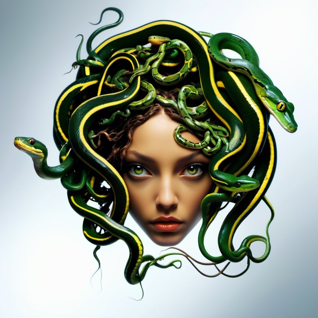 very close up, masterpiece, a scene of medusa staring at the viewer(((head hair made entirely of snakes))) split snake tongue ((medusas hair is entirely made of snakes))Amazon Tree Boa,aesthetic portrait,orn8,ColorART,p3rfect boobs,omatsuri,DonMM4ch1n3W0rldXL 