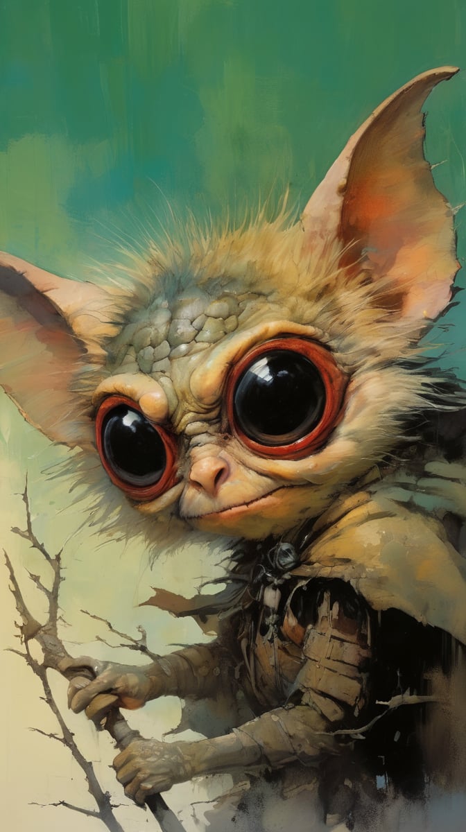 art by ralph steadman, art by brom, art by simon bisley, a masterpiece, ahighly detaikled, a star wars crearure, big boggly eyes, small dark pupil, bat like ears, short fluffy skin and fur, cling to a branch with small black scaley hands, sigma 1000 mm lens, f2.8, eyes in focus, 