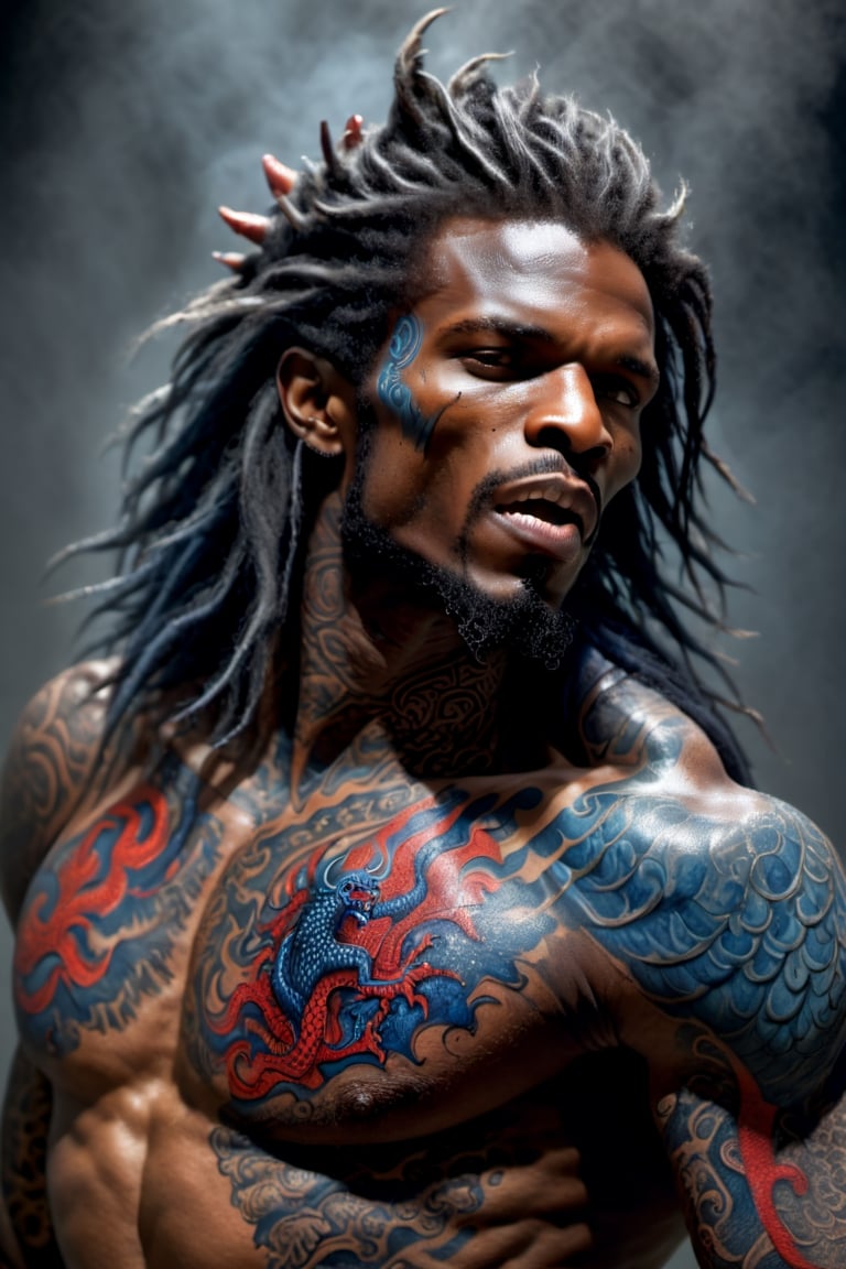 An sexy black african mans arm and shoulder, telephoto lens shot, man is staring at the viewer, raging, long hair, the arm and shoulder are  covered in a very detailed intricate red and blue dragon tattoo that is protruding outfrom the skin, coming alive, its screaming, scratching, similar to dragon tattoo by Boris Vallejo, slowly you see the small dragon tattoo in parts is coming out of the skin and becoming a real version of the tattoo, sticking out, scales, extended claws, 16K, movie still, cinematic, ,omatsuri