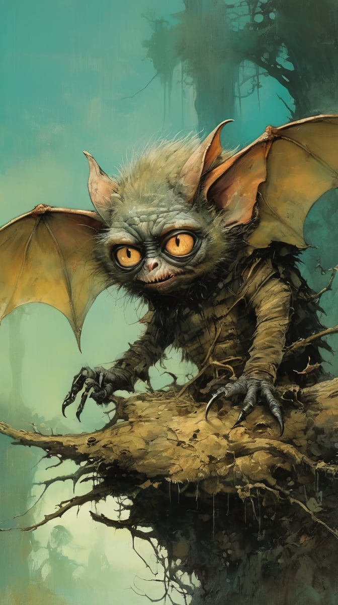 art by ralph steadman, art by brom, art by simon bisley, a masterpiece, ahighly detaikled, a star wars crearure, big boggly eyes, small dark pupil, bat like ears, short fluffy skin and fur, cling to a branch with small black scaley hands, sigma 1000 mm lens, f2.8, eyes in focus, 