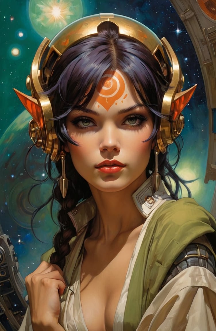 art by Masamune Shirow, art by J.C. Leyendecker, art by boris vallejo, art by gustav klimt, art by simon bisley, a masterpiece, stunning beauty, hyper-realistic oil painting, a galactic scene,  luke skywalker, Ahsoka Tano, 