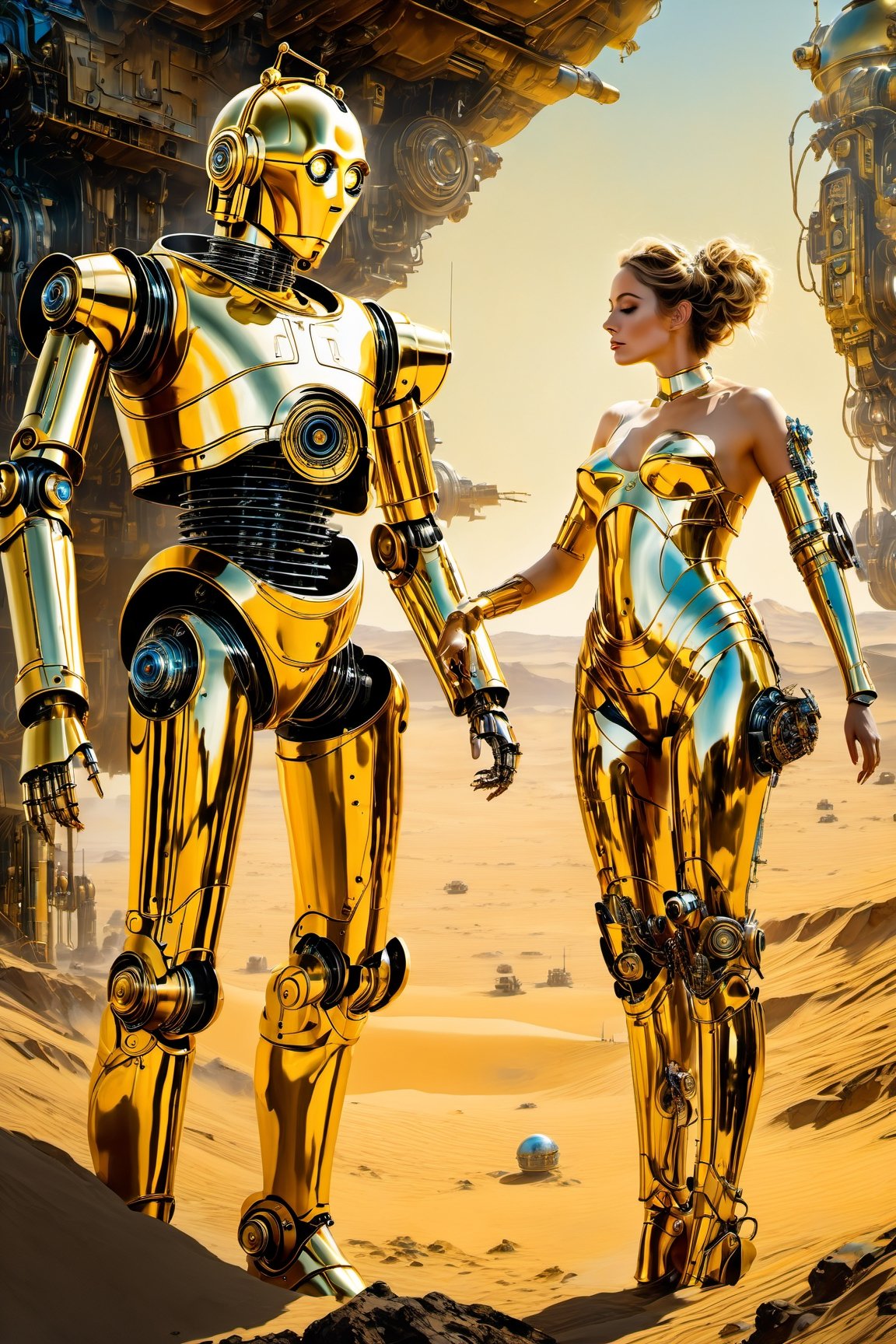 Ultra-Wide angle shot, photorealistic thrilling portrait of the robot c3po and his robot girlfriend c4po,Black ink flow: 8k resolution photorealistic masterpiece: by Aaron Horkey and Jeremy Mann: intricately detailed fluid gouache painting: by Jean Baptiste Mongue: calligraphy: acrylic: colorful watercolor art, cinematic lighting, maximalist photoillustration: by marton bobzert: 8k resolution concept art intricately detailed, complex, elegant, expansive, fantastical, psychedelic realism, tatooine, light sabres, ,mecha,p3rfect boobs,breastclamp,Leonardo style ,