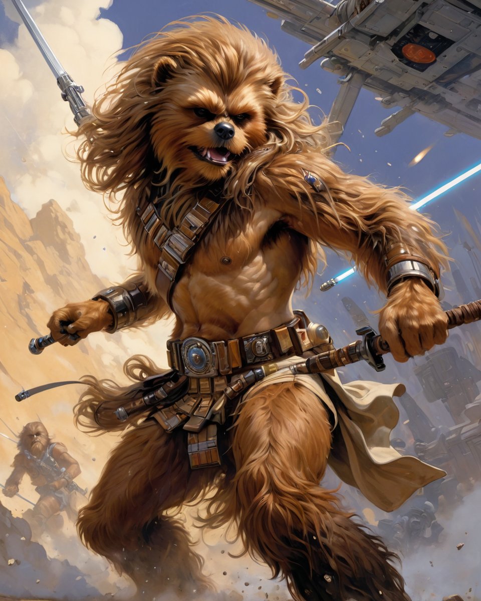 art by Masamune Shirow, art by J.C. Leyendecker, art by boris vallejo, art by gustav klimt, art by simon bisley, a masterpiece, stunning detail, an action shot, low angle, chewbacca, firing his bowcsater during battle, ,action shot