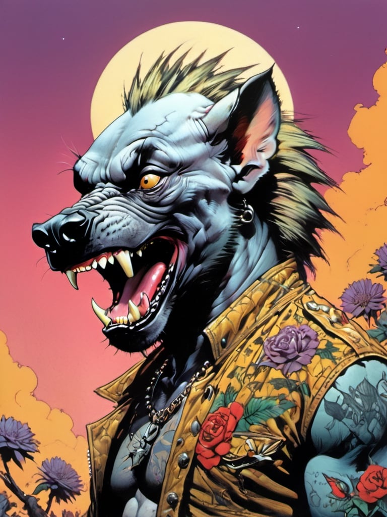 hip hyena growling, howling at the moon, Horror Comics style, art by brom, tattoo by ed hardy, shaved hair, neck tattoos andy warhol, heavily muscled, biceps,glam gore, horror, hyena , demonic, hell visions, demonic women, military poster style, chequer board, vogue bear portrait, Horror Comics style, art by brom, smiling, lennon sun glasses, punk hairdo, tattoo by ed hardy, shaved hair, neck tattoos by andy warhol, heavily muscled, biceps, glam gore, horror, poster style, flower garden,