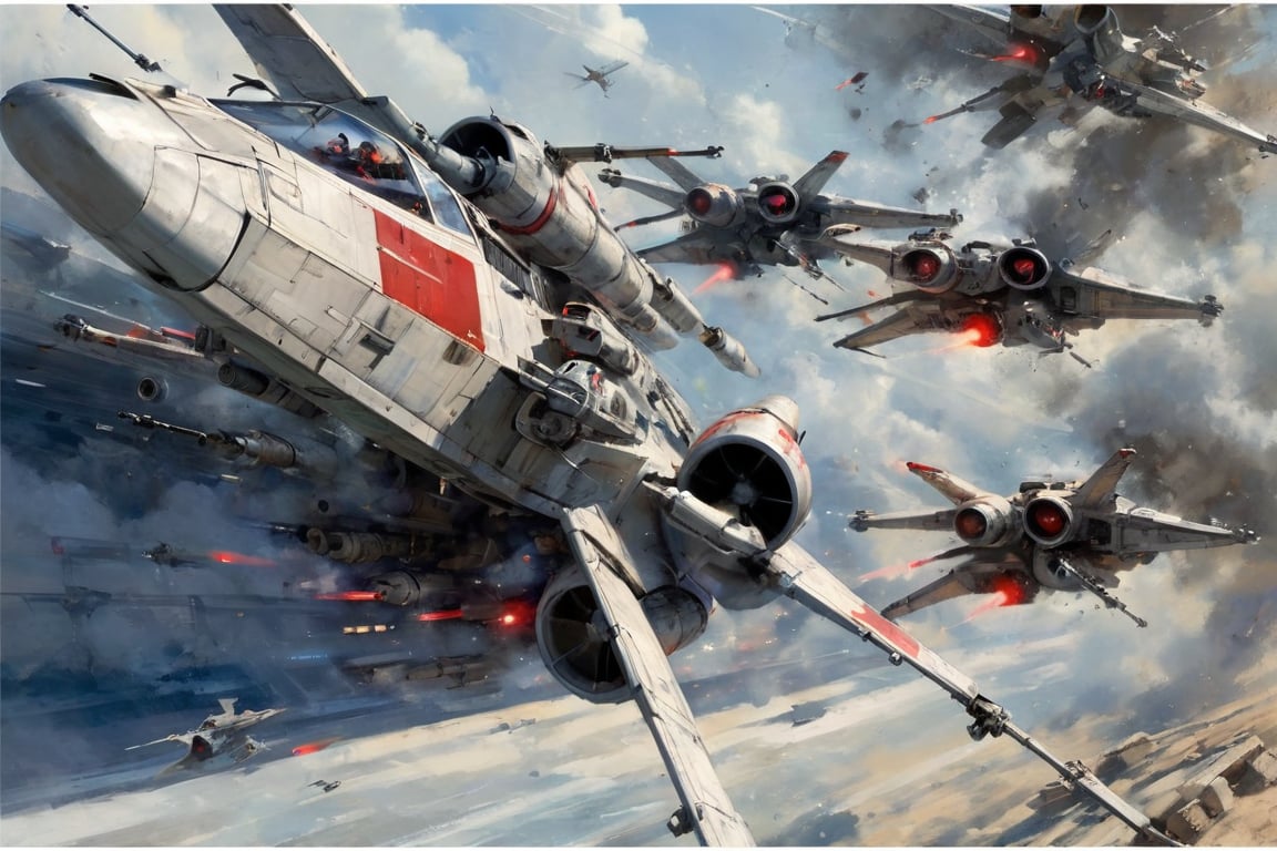 art by john berkey, a masterpiece, stunning detail, a rebellion X-Wing flying along the death start trenches being chased by tie fighters, firing red laser missiles, high speed blur, action shot, 