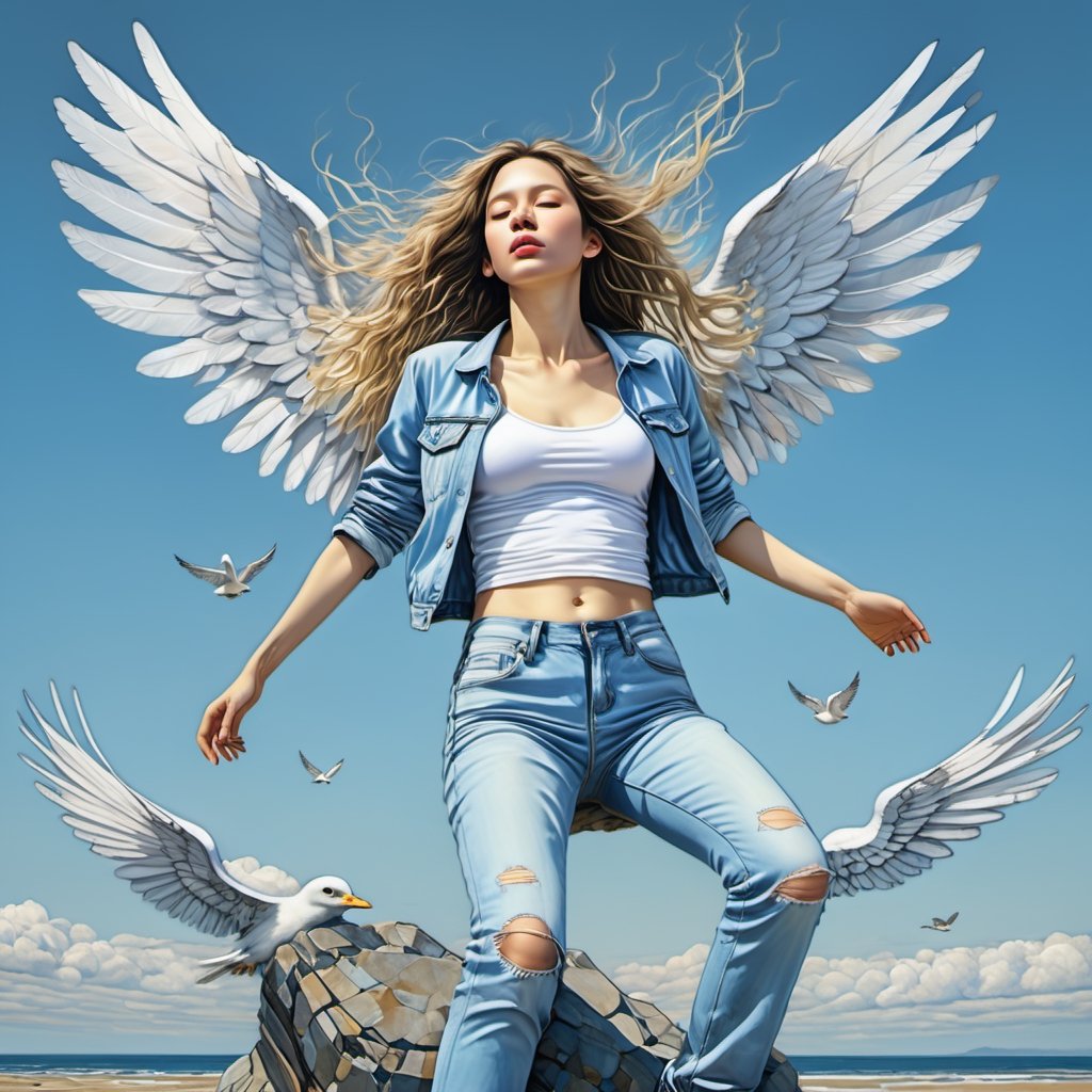 an oil painting, a masterpiece, an angel, sitting on a rock, she is wearing jeans and a bra top, wings stretching out high above her, birds flying high above her, plain blue sky,  painterly feel, pale blue sky, rocky ground, hi res, 8 k, art by  TavitaNiko, art by Vallejo, art by Klimt , Leonardo Style, more detail XL, ,close up,action shot