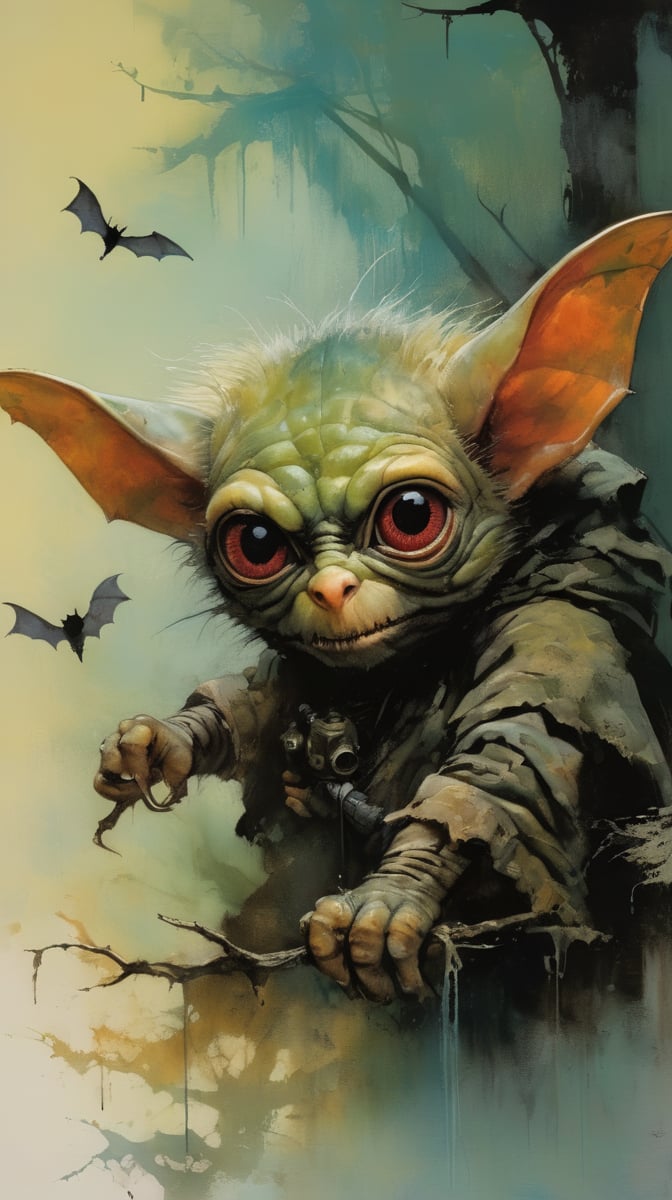 art by ralph steadman, art by brom, art by simon bisley, a masterpiece, ahighly detaikled, a star wars crearure, big boggly eyes, small dark pupil, bat like ears, short fluffy skin and fur, cling to a branch with small black scaley hands, sigma 1000 mm lens, f2.8, eyes in focus, 