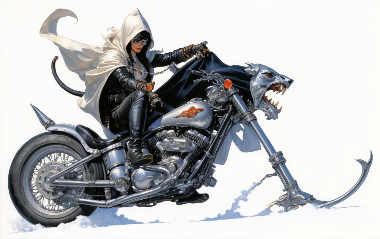 art by Masamune Shirow, art by J.C. Leyendecker, art by boris vallejo, art by brom, art by simon bisley, a masterpiece, a dude riding a hells harleydavidson, a hotted up sexy bike sled, a chromed wolfhead styled fuel container, ape hanger handlebars, wearing a hooded cloak, looking fucking cool, 