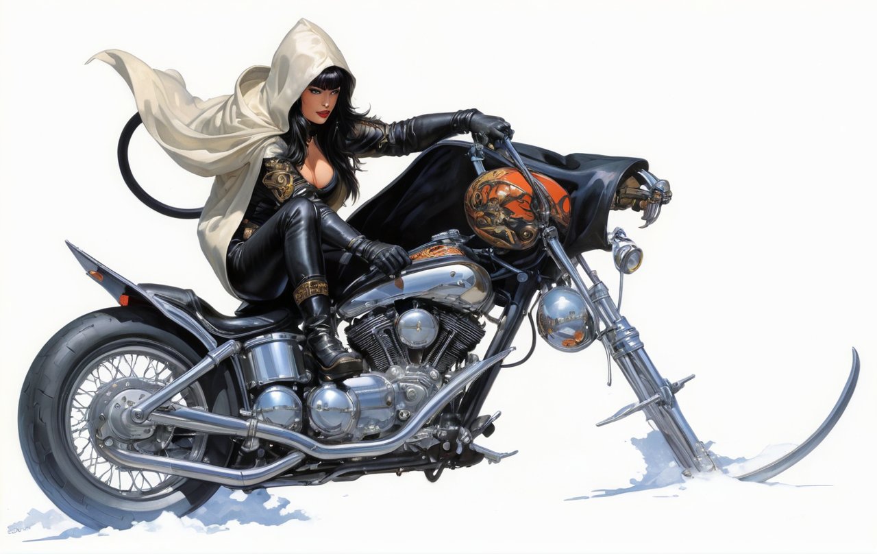 art by Masamune Shirow, art by J.C. Leyendecker, art by boris vallejo, art by brom, art by simon bisley, a masterpiece, a dude riding a hells harleydavidson, a hotted up sexy bike sled, a chromed wolfhead styled fuel container, ape hanger handlebars, wearing a hooded cloak, looking fucking cool, 