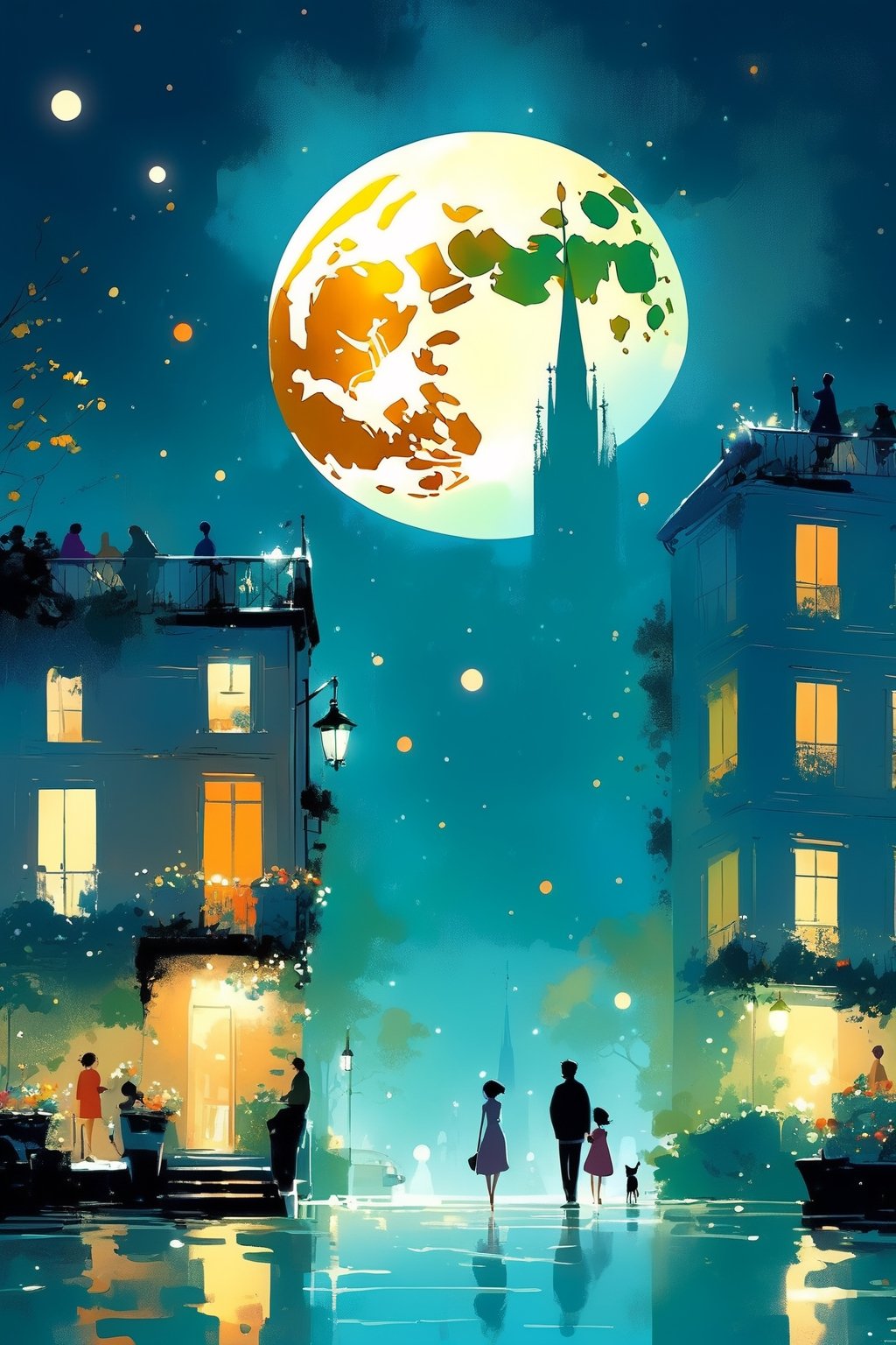 a night scene,  a very bright full moon, centered, art by Pascal Campion.
