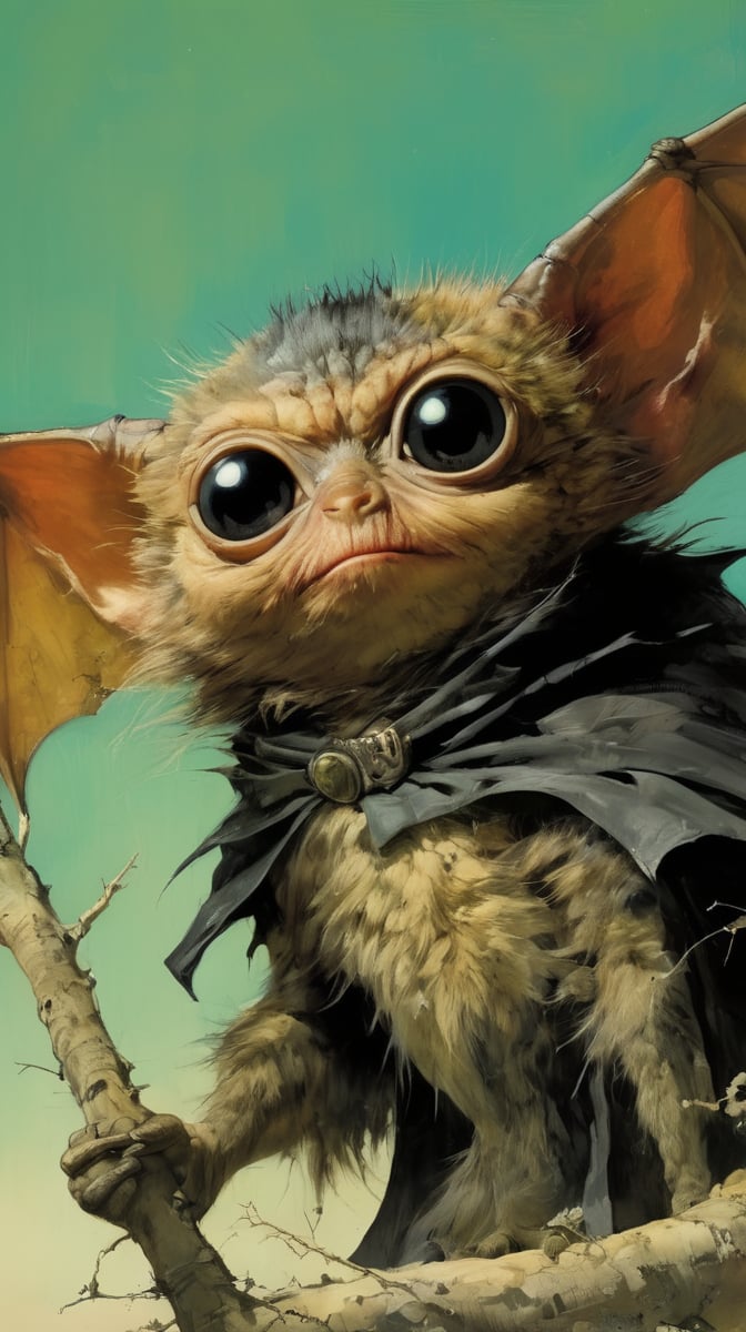 art by ralph steadman, art by brom, art by simon bisley, a masterpiece, ahighly detaikled, a star wars crearure, big boggly eyes, small dark pupil, bat like ears, short fluffy skin and fur, cling to a branch with small black scaley hands, sigma 1000 mm lens, f2.8, eyes in focus, 