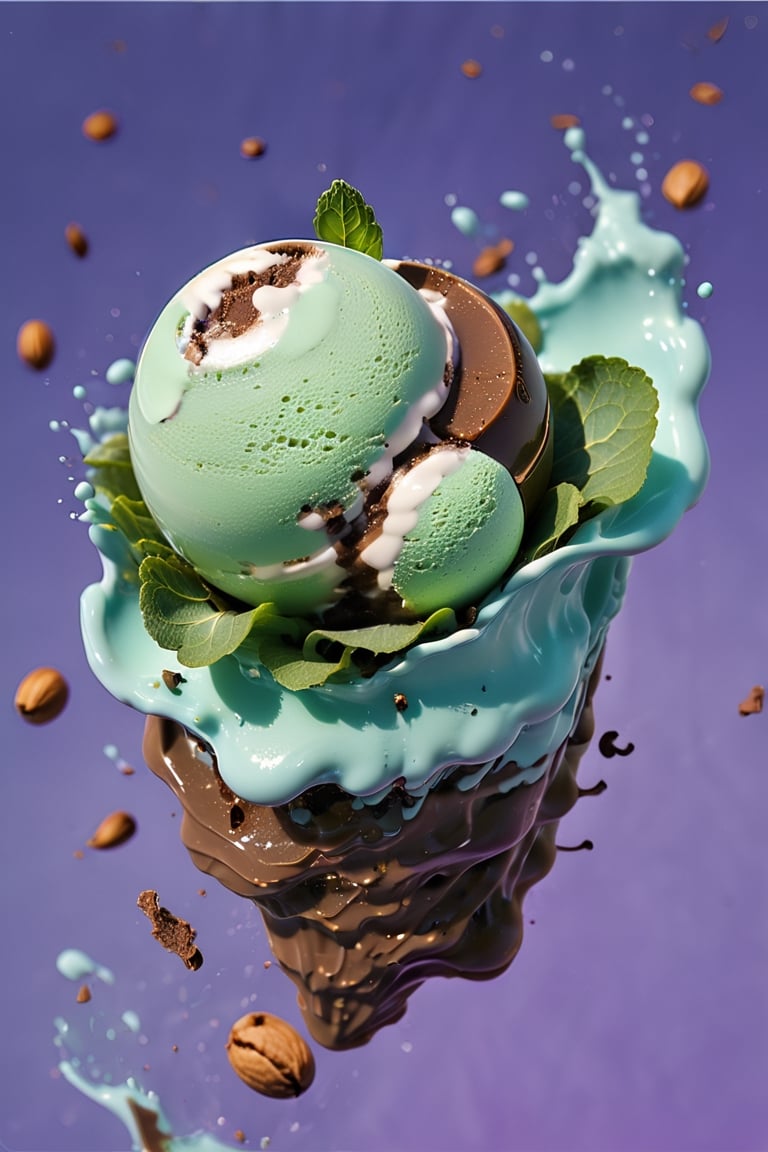an extreme close up, macro photograph of chocolate chip mint ice cream with mint cream, in a stylish modern glass, ice cubes, nuts, large mint leaves, splashing mint cream, in a gradient purple background, fluid motion, dynamic movement, cinematic lighting, Mysterious, golden ratio, fake detail, trending pixiv fanbox, acrylic palette knife, style of makoto shinkai studio ghibli genshin impact james gilleard greg rutkowski chiho aoshima,digital artwork by Beksinski,action shot