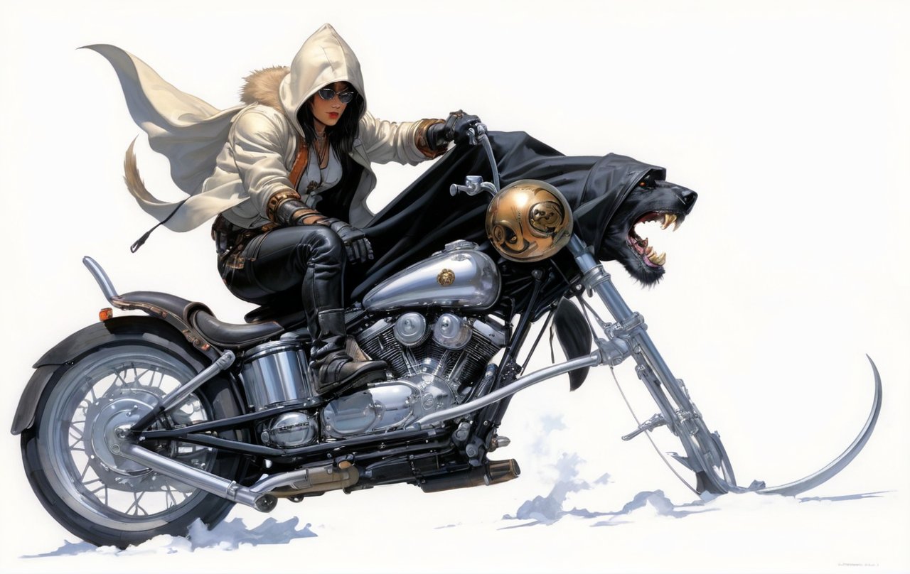 art by Masamune Shirow, art by J.C. Leyendecker, art by boris vallejo, art by brom, art by simon bisley, a masterpiece, a dude riding a hells harleydavidson, a hotted up sexy bike sled, a chromed wolfhead styled fuel container, ape hanger handlebars, wearing a hooded cloak, looking fucking cool, 