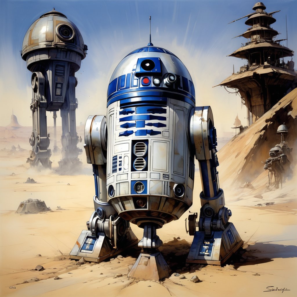 art by simon bisley, art by ralph steadman, a masterpiece, stunning detail, (((R2D2 the droid))), supreme leader of the empire,  a proud figure, superior in power, knowledge and might, 