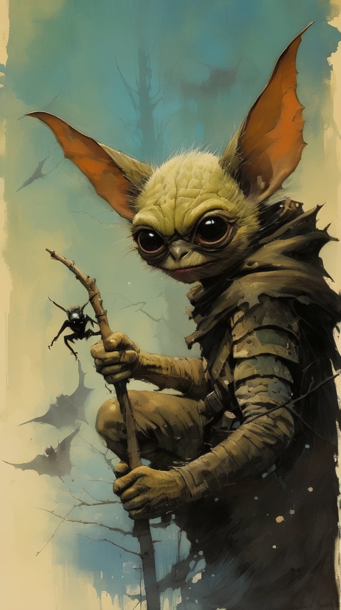 art by ralph steadman, art by brom, art by simon bisley, a masterpiece, ahighly detaikled, a star wars crearure, big boggly eyes, small dark pupil, bat like ears, short fluffy skin and fur, cling to a branch with small black scaley hands, sigma 1000 mm lens, f2.8, eyes in focus, 