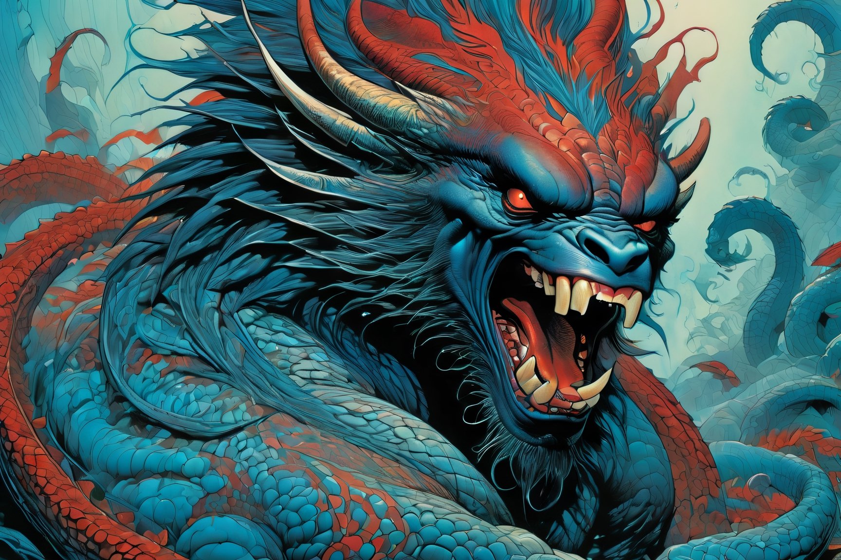 close up of the mans face, a sexy black african mans arm and shoulder, man is staring screaming at the viewer, raging, long hair, the arm and shoulder are covered in a very detailed intricate red and blue dragon tattoo that is protruding outfrom the skin, coming alive, its screaming, scratching, similar to dragon tattoo by Boris Vallejo, slowly you see the small dragon tattoo in parts is coming out of the skin and becoming a real version of the tattoo, sticking out, scales, extended claws, spit, spittle, blood drops, 16K, movie still, cinematic, ,omatsuri,DonMn1ghtm4reXL