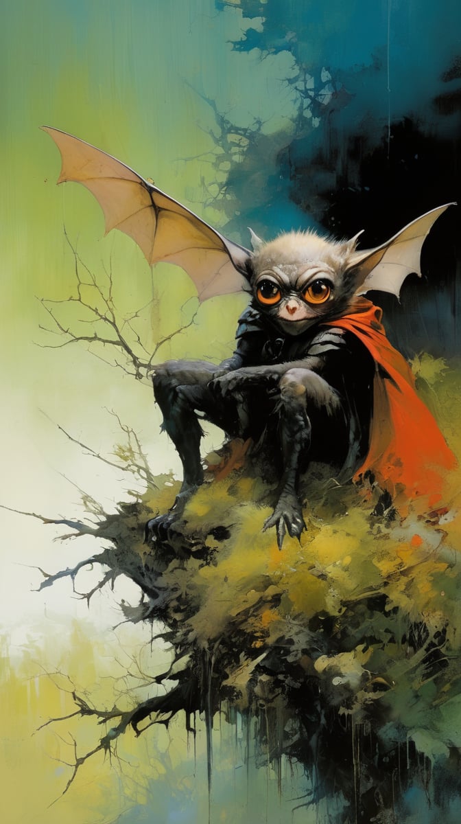 art by ralph steadman, art by brom, art by simon bisley, a masterpiece, ahighly detaikled, a star wars crearure, big boggly eyes, small dark pupil, bat like ears, short fluffy skin and fur, cling to a branch with small black scaley hands, sigma 1000 mm lens, f2.8, eyes in focus, 